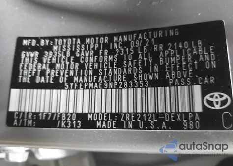 2022 Toyota Corolla Le z USA, uszkodzony, nr VIN 5YFEPMAE9NP283353